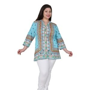 La Cera Mosaic Tunic Top Size 2X Blue‎ Colorful Lightweight Resort Cotton Artsy